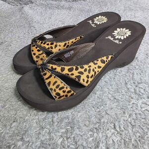 Yellow Box Leather Calf Hair Leopard Wedge Sandals Brown Women Size 6